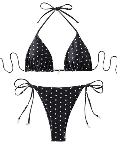 GORGLITTER Triangelbikini för kvinnor, brasiliansk stil, tvådelad baddräkt, halterneck, bikini med prickar, bikinis, badmode, baddräkt, Svart och vit, M