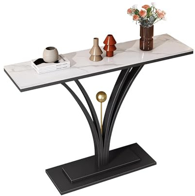 BRCYKRWY Table D'entrée avec Plateau en Marbre, Table De Couloir Très Étroite,D'Entrée Demi-Lune，pour Salon, Entrée Ou Couloir(Black+White,110cm/43.3)