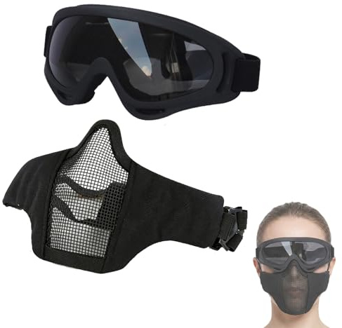 Ensemble D'équipement de Protection pour Airsoft, Masque Tactique Demi-Visage en Maille avec Lunettes, pour Hommes et Femmes (Airsoft Paintball Tir CS Cosplay)(Black)