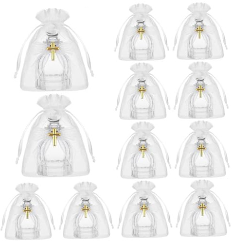 Botella de Agua Bendita, Paquete de 12 Recipientes de Agua Bendita, Favores de Bautismo de Vidrio con Encanto de Cruz y Lazo de Encaje, Elegante Regalo de Comunión en Bolsas de Organza (Blanco), Bote