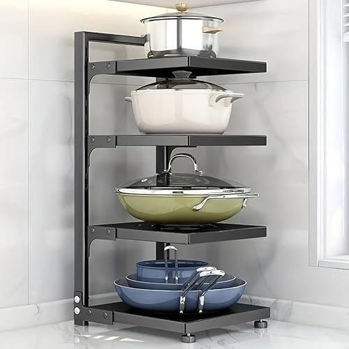 PIONEER GOODS 4 Tier Kitchen Pan Lid & Pot Rack Organiser - Saucepan Holder Stand, Cupboard & Cabinet Storage Shelf for Lids, Pans & Bakeware, Sace Saving Kitchen Storage Solution