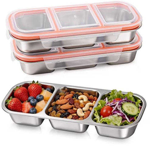 Pomodee Snack Box Acero Inoxidable 3 Compartimentos, Pack de 3 Bento Box | Fiambrera Compartimentos Apilable con tapa transparente, a prueba de fugas, fiambrera para niños, colegio, oficina, camping