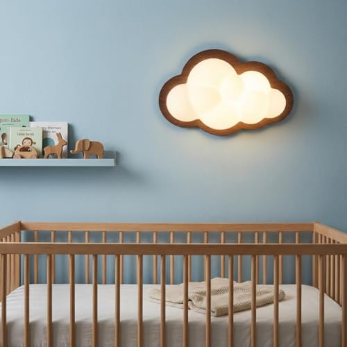 Alpinaluz Aplique de Pared Infantil en Forma de Nube 3D con Base de Acero Imitación Madera y Luz LED Integrada CCT Tricolor 7W para Dormitorio y Espacios Interiores