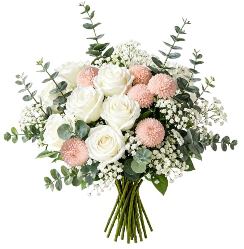 Bouquet di 24 fiori artificiali con rose champagne in seta, pompon, crisantemi e foglie di eucalipto, fiori artificiali realistici per decorazione della casa, matrimoni e decorazioni da tavolo per