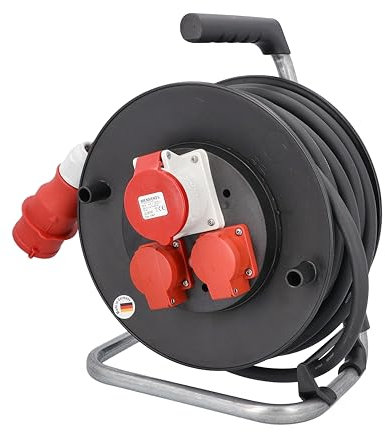 as - Schwabe CEE Starkstrom Kabeltrommel 20 m H07RN-F 5G2,5 Leitung, 2 Schutzkontaktsteckdosen 230V, 1 CEE-Steckdose 5-polig, 400V 16A, Klappdeckel, für den Außenbereich und Baustelle, Schwarz, 10158