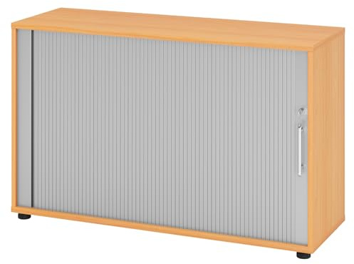 bümö Aktenschrank abschließbar mit Rollladen, Rollladenschrank für Ordner & Co. - Büroschrank mit Rollo, abschließbarer Ordnerschrank aus Holz in Buche/Silber mit Relinggriff