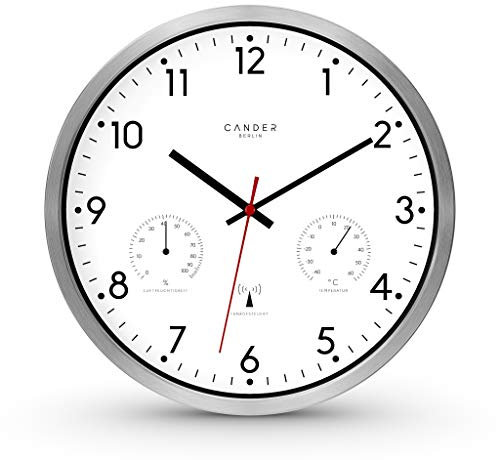 Cander Berlin MNU 3330 Weiße Funkwanduhr lautlos aus Aluminium mit Anzeige der Temperatur und Luftfeuchtigkeit 12 Zoll (Ø) 30,5 cm