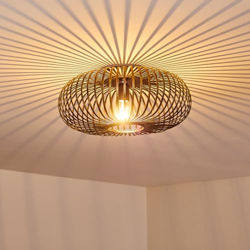 HOFSTEIN Deckenleuchte Oravi, Deckenlampe aus Metall in Schwarz/Gold, Leuchte im Industrial/Retro/Vintage-Design, Lichteffekt durch Gitter-Optik, Ø 40 cm, E27, Wohnzimmer, Esszimmer, Schlafzimmer