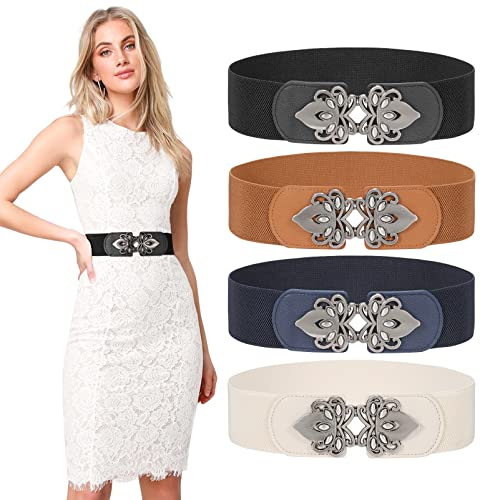 4 Pieces Women Stretchy Wide Waist Belts Chic Stylish Elastic Cinch Belt Ladies Vintage Elegant Stretch Wide Cinch Belt For Dress (Suitable for waist 34''-41'',Black+Brown+Blue+Beige )