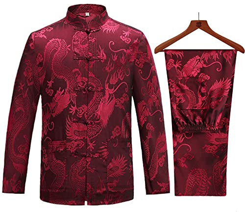 wecotton Kung Fu Suit Sets Mens Chinese Tang Suit Hanfu Martial Arts Clothes Shirt Traditional Wing Chun Taichi Uniform Tops Bottoms (EU L (Asia Size XXL), Red)