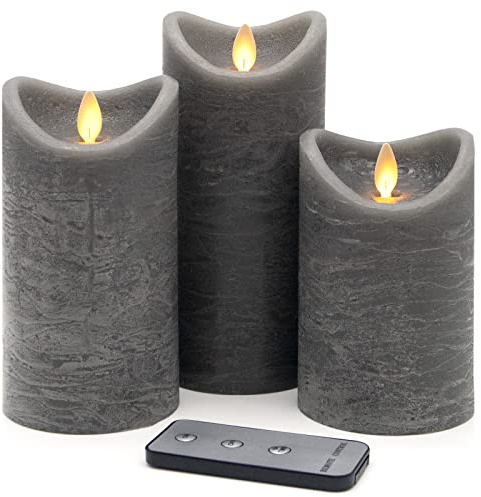 Tronje 3er Set LED Kerze mit Timer u. Fernbedienung - 13/15/18cm Echtwachskerze Grau Rustik mit beweglicher Flamme