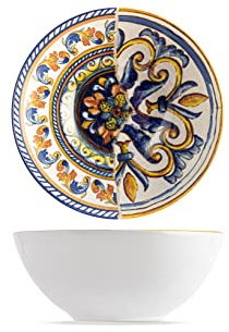 H&H Positano – Set 6 Coppette in Stoneware, Ø 16 cm – Design Mediterraneo con Decoro Maiolica/Mosaico – Ideali per Cereali, Dessert, Antipasti e Salse