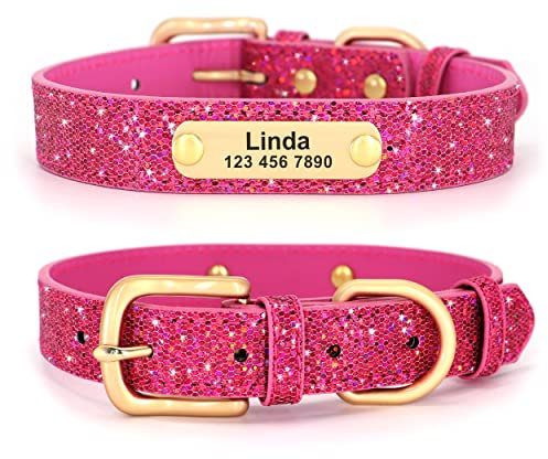 Didog Glitzer-Hundehalsband, personalisierbar, PU-Leder mit glitzernden Pailletten, personalisierbares Hundehalsband mit graviertem Namensschild für kleine, mittelgroße Hunde und Katzen, Hot Pink, L