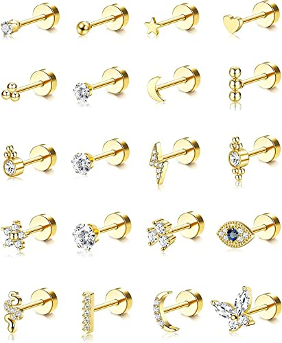 Adramata örhängen, 20 st., unisex, kirurgiskt rostfritt stål, 0,8 mm (20 G), små broskörhängen, liten orm, fjäril, hjärta, öga, blomma, örhängen med platt baksida, Rostfritt stål