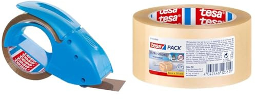 tesapack® rullhållare Pack'n Go, blå + tesapack® PP, 50 m:50 mm & tesapack® Ultra Strong, transparent (PVC), kvalitet 4124
