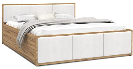 FurnitureByJDM Bett 180x200 mit Stauraum & Gepolsterte Einsätze | Doppelbett mit Bettkasten und aufklappbarem Lattenrost – Stauraumbett mit Liftfunktion PANAMA (Eiche Craft / Weiße Einsätze)