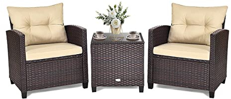 KOMFOTTEU Mobili da balcone, set da giardino in rattan con tavolino e 2 sedie, tavolo da balcone con piano in vetro, set da 3 mobili da giardino per terrazza, balcone (marrone e giallo terra)