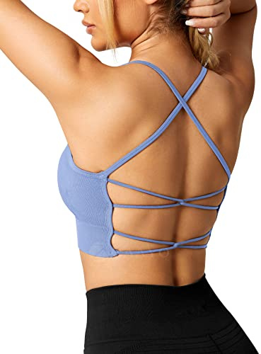 ZAAYO Damen Gym BH Gepolstert Crossback Fitness Sport Bra Abnehmbarer Brustpolster Yoga Tops Gestrickte Nahtlose Sportbekleidung Hellblau Small