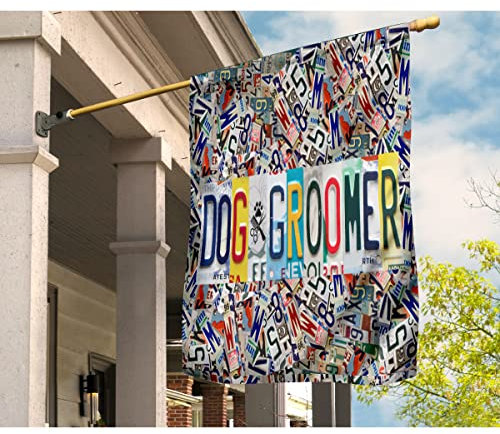 Banner Dog Groomer Words In License Plate Letters And Numbers Pattern Garden Flag Outdoor Banner Yard Flag For Festival Lawn Party 70cm*102cm