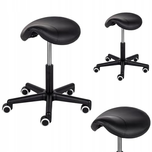 HABYS Lumo Rollhocker mit ergonomischem Sattelsitz, höhenverstellbarer Arbeitshocker mit Gasfeder und PU-Rollen für Massage, Physiotherapie, Kosmetik und Friseur, Schwarz