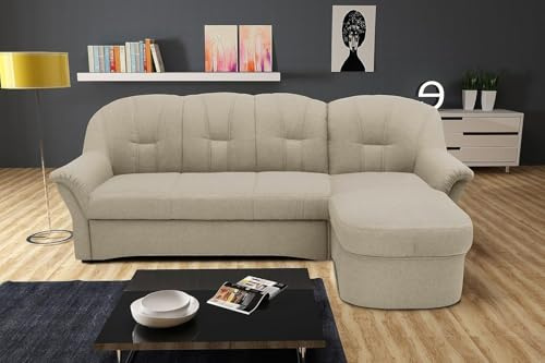 DOMO. collection Ecksofa Puno, kleines Schlafsofa in L-Form mit Longchair, Sofa, Couch, Schlafcouch, Polstermöbel, Eckcouch, 233 x 142 x 84 cm (BxTxH), schlamm (beige) | Longchair rechts mit Bettfunktion, klassisches Ecksofa in L-Form mit runden Armlehnen, 233 x 142 x 84 cm (BxTxH)