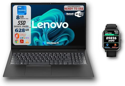 Lenovo Notebook portatile V15 N4500 8GB di RAM 628GB di SSD (128GB NVME + 500GB SATA 2.5), Windows 11 Pro, Office 2021 Preattivato, SmartWatch IN OMAGGIO