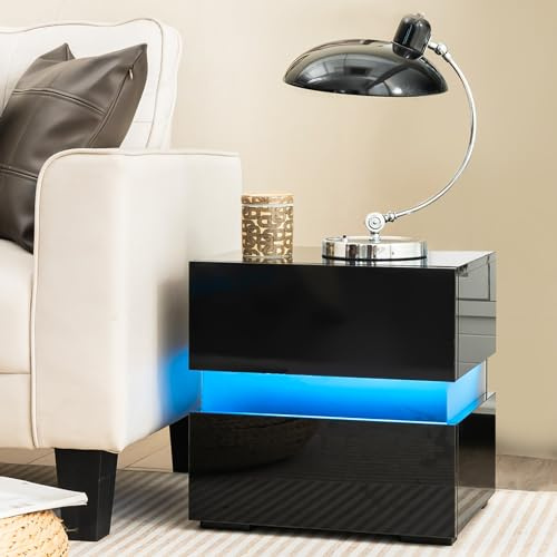 GIANTEX Nachttisch mit LED-Beleuchtung, 22 dynamischen Modi & 5 Helligkeitsstufen & Fernbedienung, Nachtschrank Schwarz Hochglanz, Nachtkommode Nachtkonsole 2 Schubladen, Beistelltisch 45x35x45cm