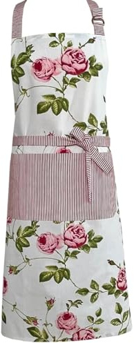 matches21 Schöne Kochschürze DORRIT aus Baumwolle - Küchenschürze mit Rosen Druck im Landhausstil in weiß rosa - Schürze zum Kochen, Backen Grillen als Küchenzubehör