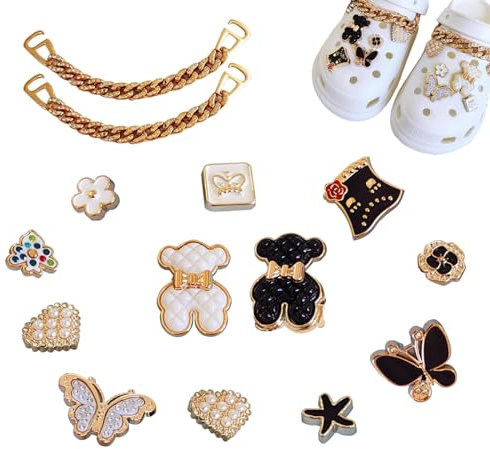 CLKE 14 Stück Schuhanhänger aus Strass, Pins für Crocs, mit einer vergoldeten Kette, Schuhschmuck, Clips, Damen und Herren, Dekoration mit Bär, Blumen, Schmetterling (Schwarz und Weiß), Kunststoff