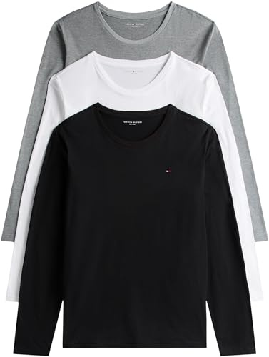 Tommy Hilfiger Uomo Magliette Maniche Lunghe Confezione da 3 con Scollo Rotondo, Multicolore (White/Black/Grey Heather), XL
