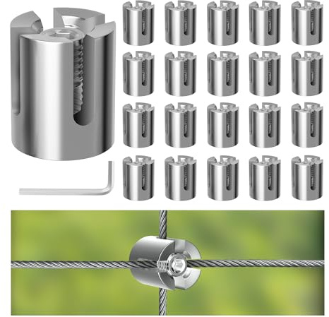 RiaYer 20 Pack Wall Trellis Wire Clamps & Cross Cable Clamps, T316 Stainless Steel Heavy Duty (0.66 OD) for 1/8 Rope, No-Drill Node Wire Trellis Hardware for Outdoor Climbing Plants & Fence