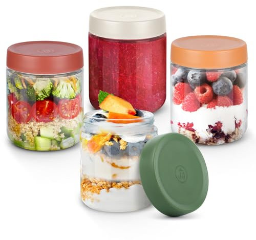 LWMTT Overnight Oats Jars,4 Pezzi Barattoli Vetro con Coperchio Ermetico, Barattoli Vetro con Coperchio per Avena Durante la Notte,Insalata,Frutta,Ogurt,Chutney,Marmellata,Spezie (4)