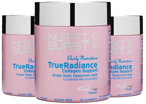 Nutriburst - TrueRadiance Collagen Support Multipack for Healthy Hair, Skin & Nails - Biotin (100µg), Hyaluronic Acid (50mg), Vitamin A (400µg) + Vitamin C (80mg) - 3 x 60 Gummies / 3 Month Supply