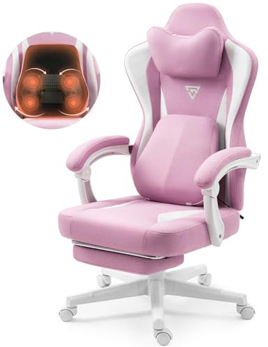 Vigosit Gaming Stuhl mit Beheizter Massage Lendenwirbelstütze, Stoff Gamer Stuhl mit Tasche Frühling Kissen und Fußstütze, Roß und Hoch Gamer 150 kg Belastbarkeit (blassrosa)