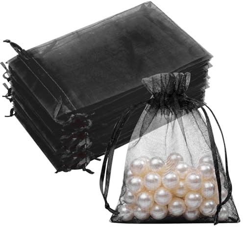 Crweety Organza-Beutel, 7,6 x 10,2 cm, kleine Netzbeutel, Kordelzug, Süßigkeitenbeutel, kleine Geschenktüten für Schmuck, Party, Weihnachten, 50 Stück (schwarz)