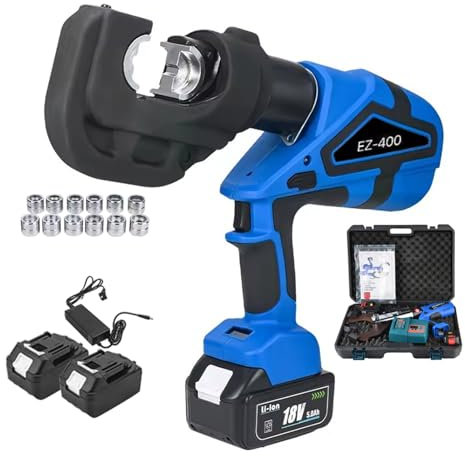 guoyjmm Electric Hydraulic Cable Lug Crimper Pliers, Rechargeable Hydraulic Crimping Pliers with 12 Dies, Performance Cable Lug Crimper Electrical Terminal Cable Wire Tool Kit with 2 Batteries,EZ-400