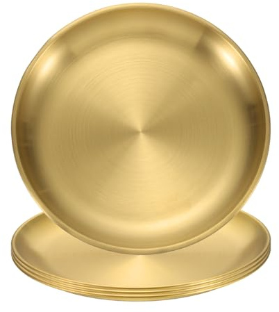 sourcing map 4Pcs Stainless Steel Dinner Plates, 20cm/8 Round Serving Plate Dishes Set Flat Metal Dinner Dishes Plate for Restaurants Kitchen Dessert Salad Food Outdoor Camping, Gold