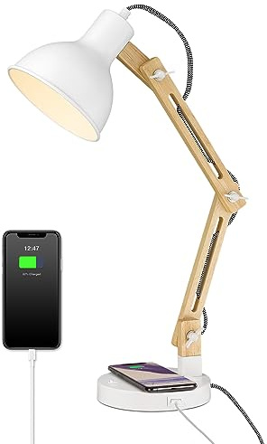 ELYONA Schreibtischlampe Weiß Holz mit Induktiver Ladestation & USB-C, Sapeli Massivholz Tischlampe, Skandinavische Leselampe für Büro & Schlafzimmer, Inkl. 3-Farben LED, Modernes Design