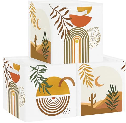 HUUMONSS 30cm Aufbewahrungsbox 3 Stück Boho Deko Blätter Aufbewahrungskorb Falt Moderne Abstrakt Geometrie Kunst mit Griffen Aufbewahrungswürfel Organizer für Spielzeug Bücher Kleidung