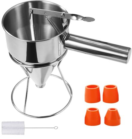 Teigspender Teigportionierer,600ml Pfannkuchen Teigspender,Edelstahl Teigspender mit Ständer, Reinigungsbürste und 4 Ersatzdüsen Geliefert,für Pfannkuchendesserts (600ML)
