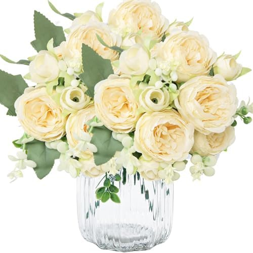 MisFun 3 Pièces Pivoine Artificielle, Bouquet de Fleurs Artificielles, Faux Bouquet de Pivoines, Fleurs Artificielles Deco Fleurs en Soie, pour la décoration de Maison Nuptiale de Noce (Champagne)