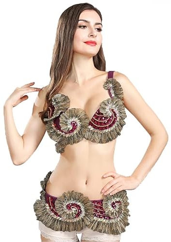 Bauchtanz-Kostüm für Damen, Karnevalskleidung, Bauchtanz-Performance-Set, bauchfreies Top, BH und Gürtel, 2-teiliges Outfit, Lila