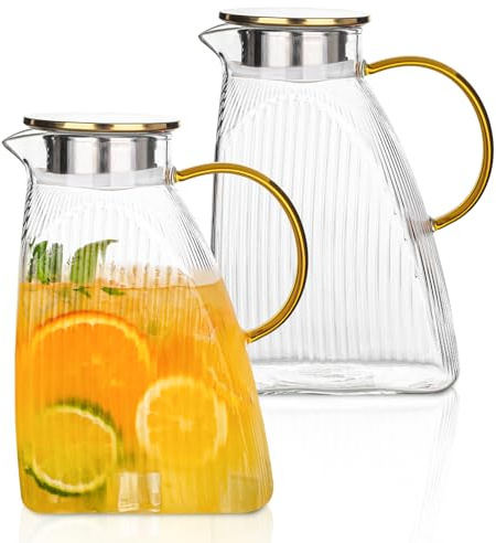Wasserkaraffe, 2er Set 1,8L Glaskaraffen mit Gelbem Griff – Stilvolle Glaskaraffe für Saft, Eistee & Infused Water – Kaltwasserkrug im Rillendesign