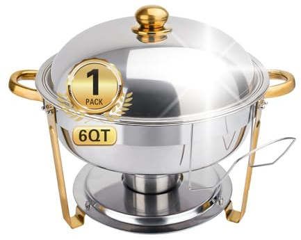 Beviliu 6QT Chafing Dishes for Buffet, 1 Pack 6QT Food Warmers for Parties Buffet, Warming Trays for Buffets Party, Catering Supplies Buffet Display Silver and Gold Chafing Dish for Any Parties