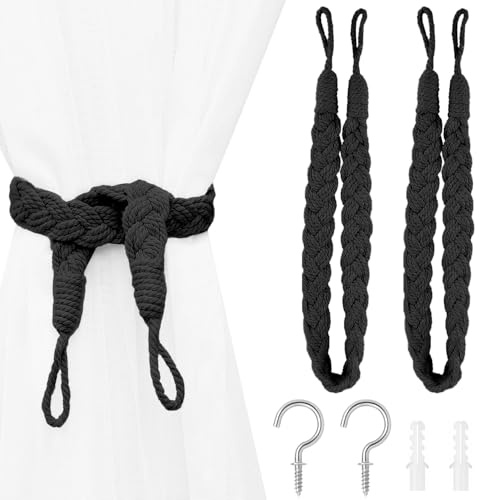 SUBTAVIK Raffhalter für Vorhänge, 2er-Pack, Elegante Raffhalter im Boho-Stil, Handgestrickte Raffhalter mit Metallhaken für Zuhause, Büro, Wohnzimmer und Schlafzimmer (Schwarz)