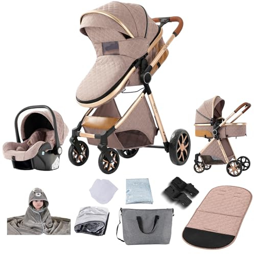 Reenborn Carrito Bebe 3 en 1, Carro Bebe con Diseño Plegable con Un Solo Clic, Cochecito con Dos Modos de Empuje Reversibles, Carricoche 3 Piezas con Marco de Aluminio (YV9 Khaki)