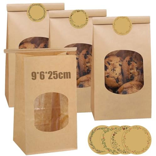 Lot de 25 petits sacs à biscuits avec fenêtre, sacs en papier marron avec clips de fermeture, sacs en papier kraft, sacs à pâtisserie, petits sacs à pain, sacs à pain en papier pour pâtisseries, sacs