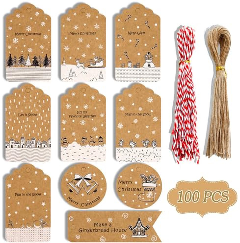 100 Stück Weihnachtsgeschenkanhänger,Geschenkanhänger Weihnachten Kraftpapier,Weihnachten Anhänger Geschenk (G)