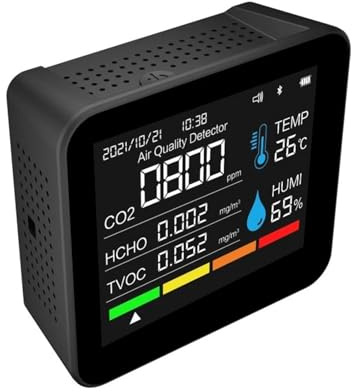 Gas Detector 9 In 1 BT Air Quality Monitor CO2 Meter Carbon Dioxide Detector Time/Date TVOC HCHO PM2.5 PM1.0 PM10 Temperature Humidity Tester(Black)
