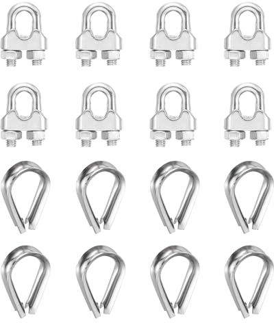 sourcing map Juego de 8 abrazaderas de clip para cable de cuerda de alambre de 1/4 pulgadas M6 pequeñas de acero inoxidable 304 con dedal para aparejos seguros para tendedero, color plateado